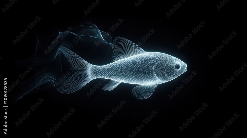Poster a glowing, ethereal fish rendered in a translucent style against a dark background.