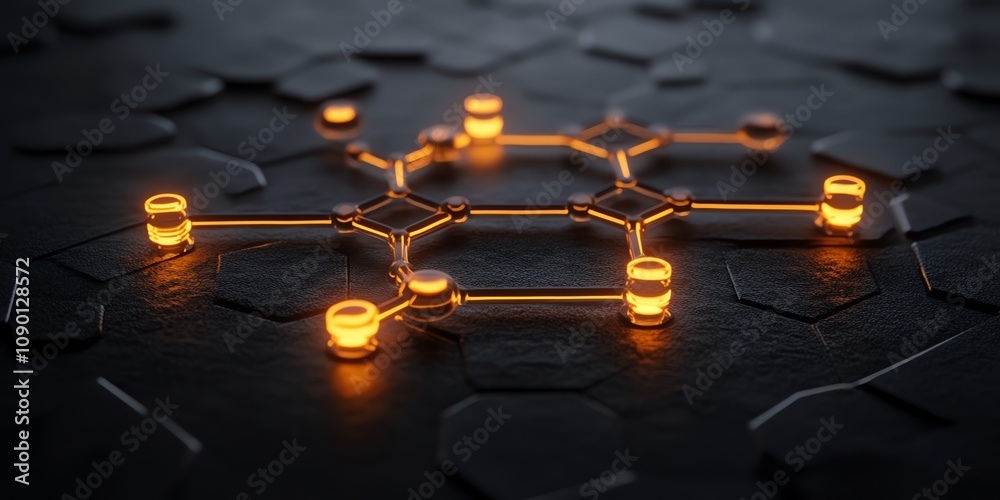 Fototapete Glowing network nodes on hexagonal surface.