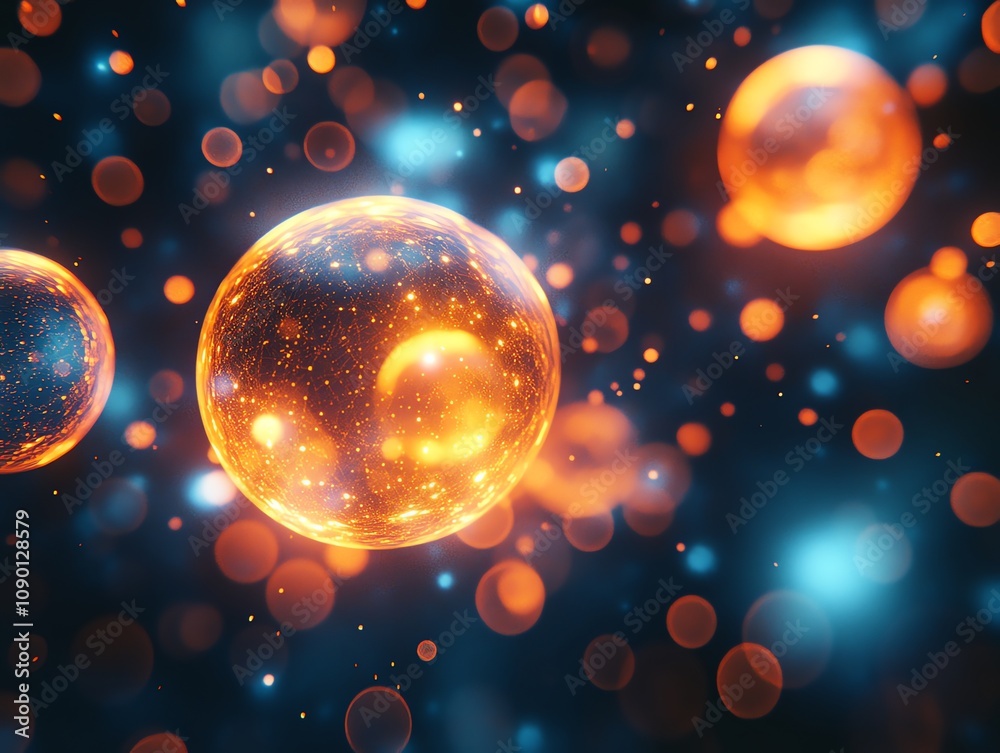 Poster glowing orange and blue spheres float in dark space, creating a vibrant, abstract background.