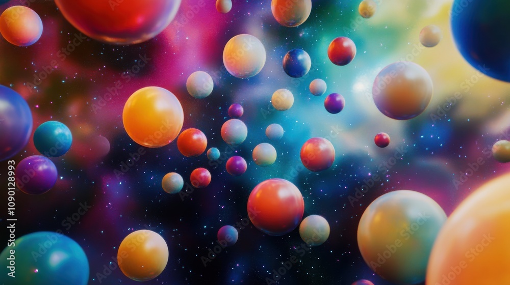 Poster A surreal depiction of interspersed, multi-colored spheres creating a floating, cohesive pattern in space