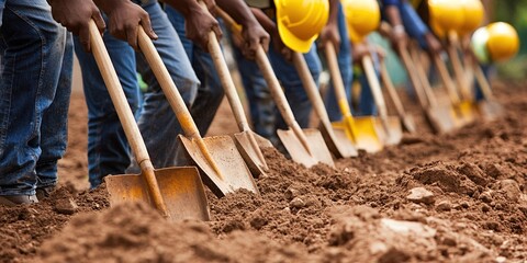 Groundbreaking Ceremony: A Team of Workers Break Ground with Shovels