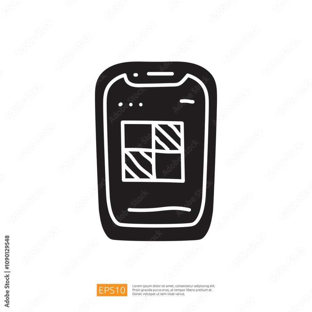 Poster a simple illustration of a smartphone with a basic design, showcasing a screen with grid patterns, r