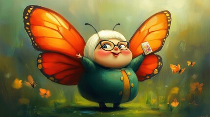 A whimsical character with butterfly wings holds a card in a vibrant, nature-filled setting.