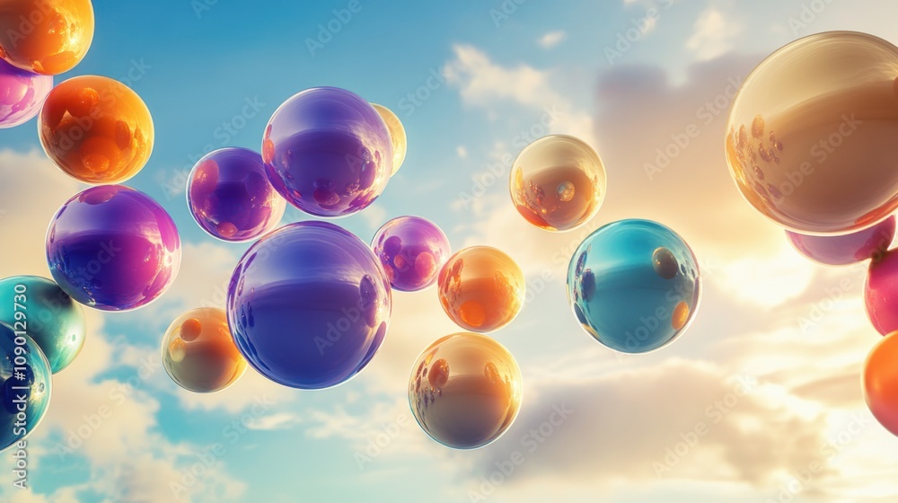 Poster A surreal image of floating, varied-sized spheres in a spectrum of colors creating a dynamic, cohesive composition