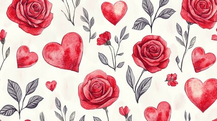 A beautiful arrangement of red roses and hearts set against a clean white background, capturing the essence of love and romance for Valentine's Day.