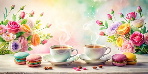 Serene Morning Two Cups of Tea, Sweet Macarons, and a Bouquet of Colorful Flowers on a Rustic Table