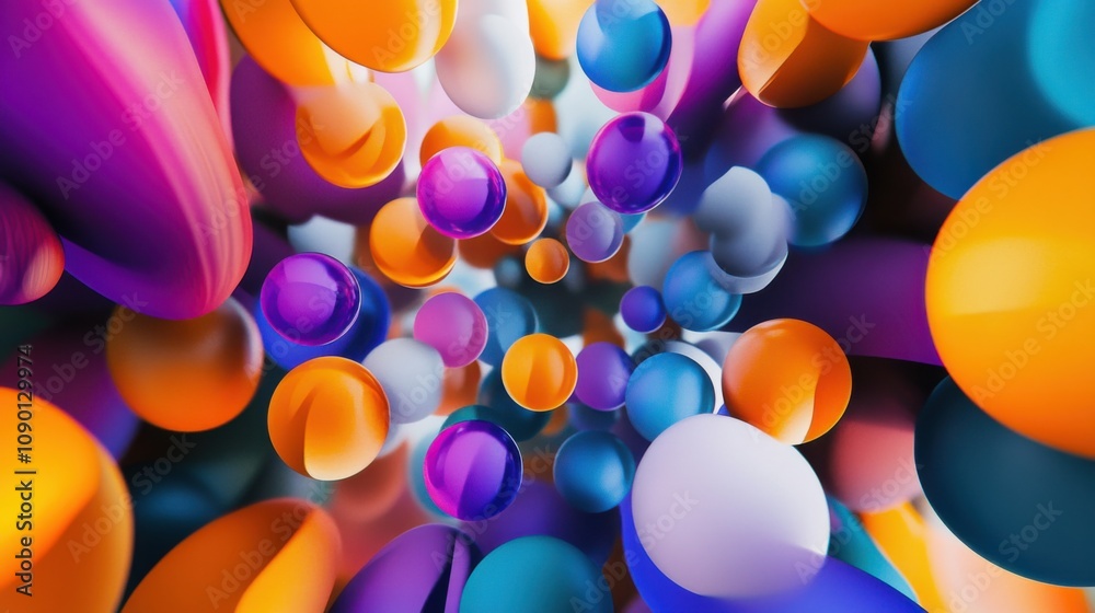 Poster a surreal image of vibrant, abstract clusters of shapes converging into a central, unified form