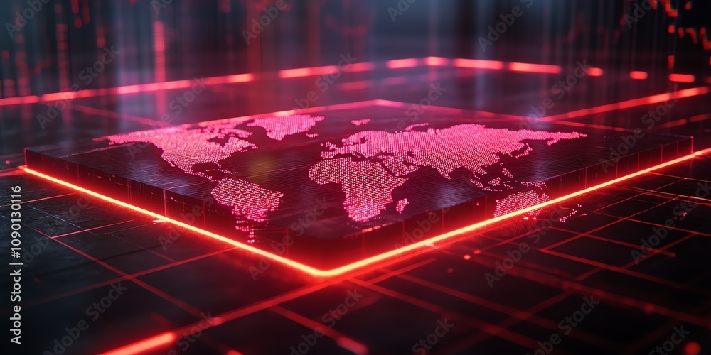 Poster glowing red world map on futuristic digital platform.