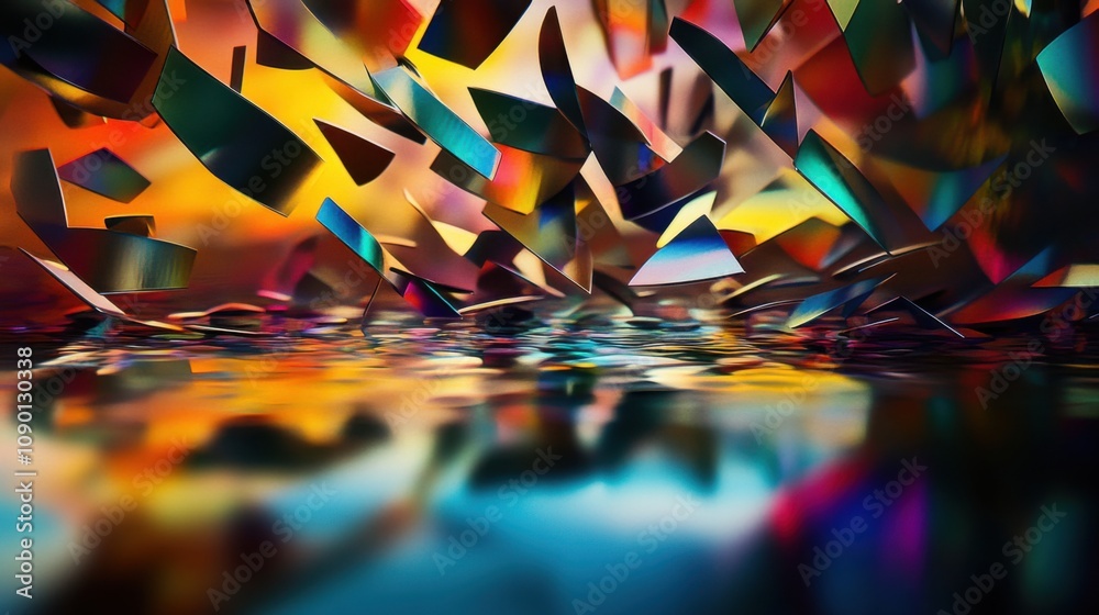 Poster A surreal portrayal of floating, multi-colored shards casting reflections and creating a harmonious, abstract arrangement