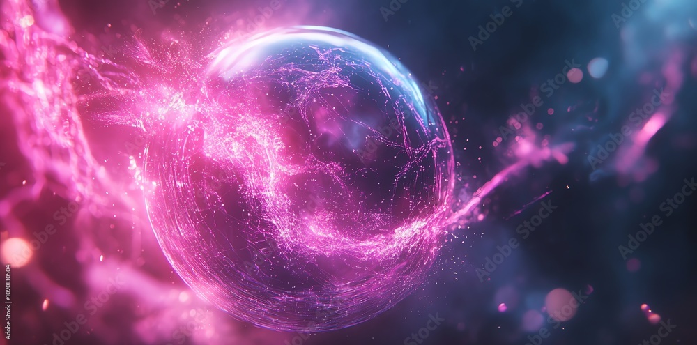 Poster glowing sphere with pink energy streams in dark space.