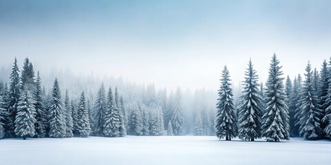 Obraz premium Serene Winter Landscape Snow-Covered Evergreen Forest in Misty Field
