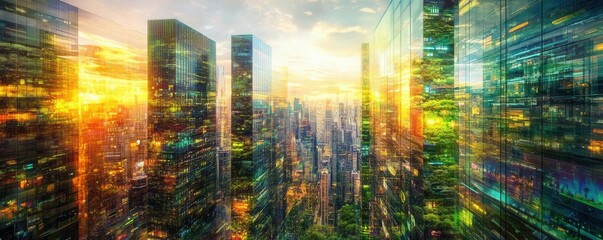 Design a panoramic view of a sustainable future