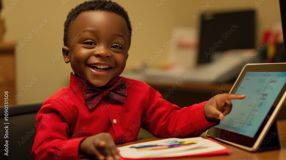 Poster a cheerful child in a red shirt and bow tie smiles while using a tablet at a desk.