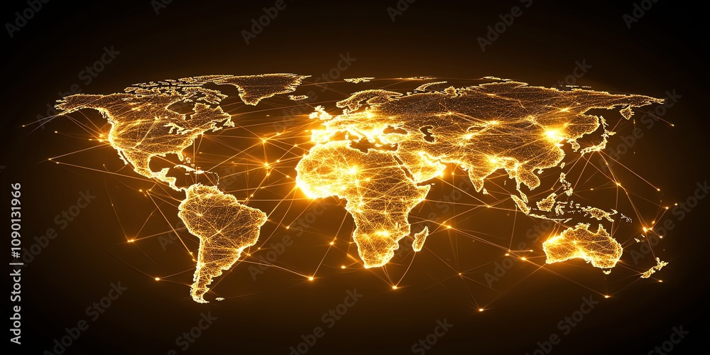 Aufkleber Golden glowing world map with interconnected lines representing global network and communication.