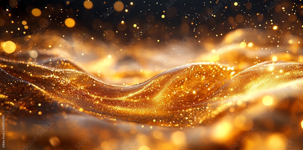 Poster golden liquid with bokeh effect, abstract background.