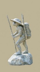 Fototapeta premium A stone sculpture of a hiker with a backpack and walking sticks on a rock base.