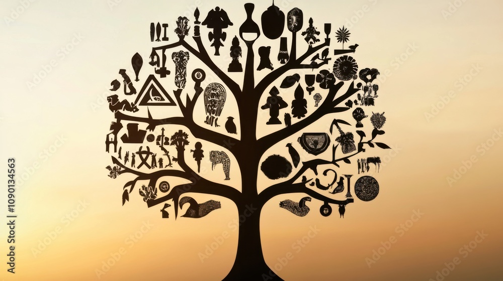 Aufkleber a tree with branches forming different cultural symbols, highlighting the inclusion of various tradi