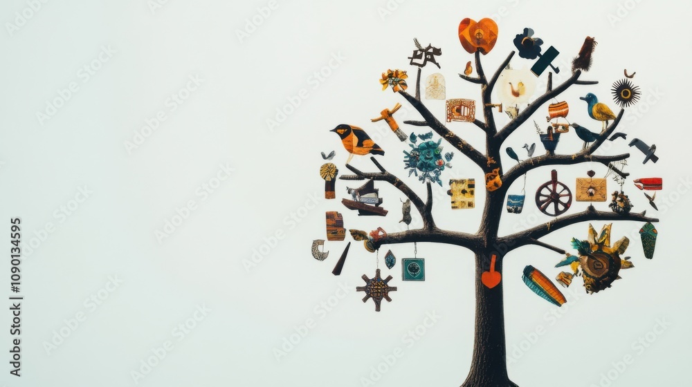 Poster a tree with branches forming different cultural symbols, highlighting the inclusion of various tradi