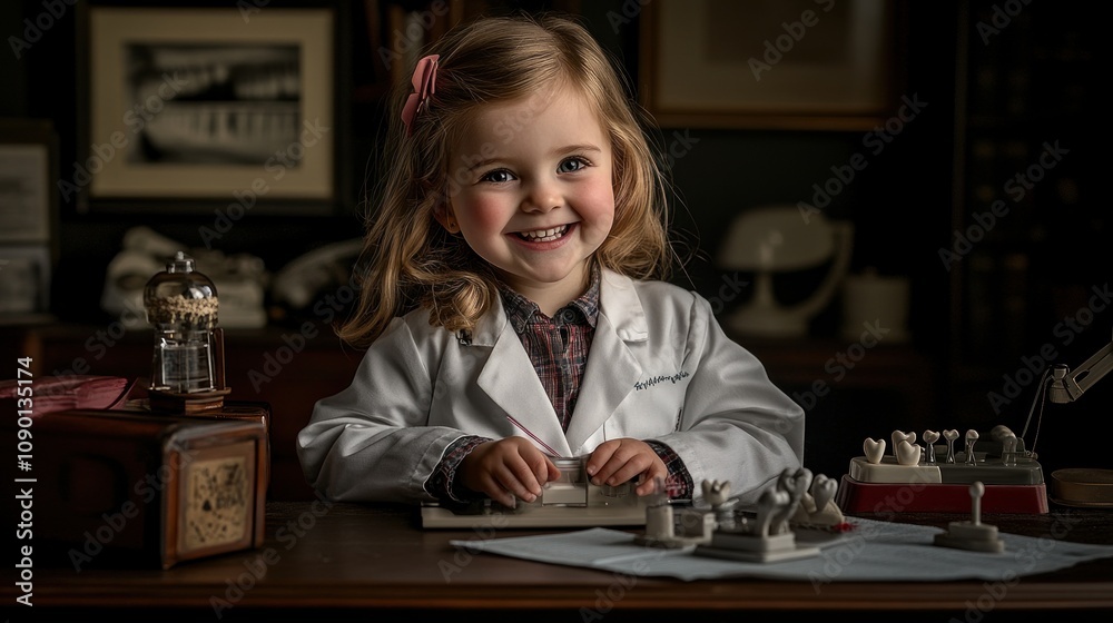 Poster a young girl in a lab coat smiles while working with scientific tools and a chess set.