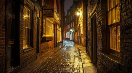 Fototapeta premium Cobblestone alleyway at night, illuminated by warm streetlights.