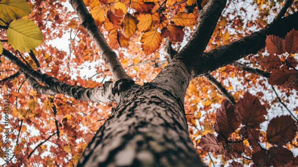 Poster a tree with leaves of various shapes and colors, illustrating the beauty and strength derived from d