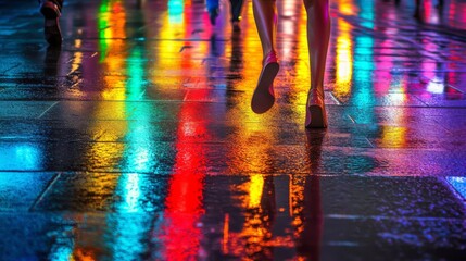 Fototapeta premium Colorful reflections of city lights on a wet pavement at night, people walking.