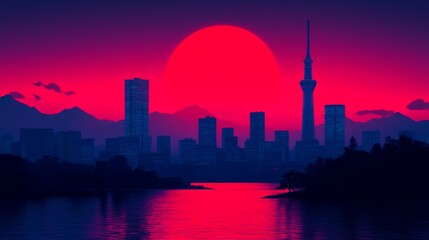 Fototapeta premium Cityscape at Sunset: An abstract silhouette of a modern city against a vibrant red sunset, evoking a sense of tranquility and urban beauty. 