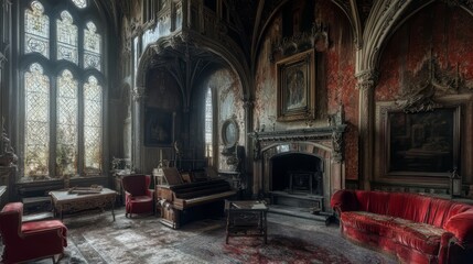 Obraz premium Decaying opulent room with red velvet furniture, grand piano, and antique paintings.
