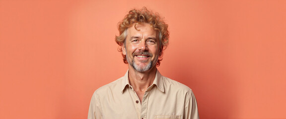 Obraz premium Cheerful man with curly hair smiling on coral background, happiness