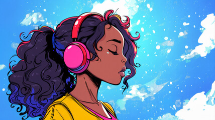 Young woman with curly hair wearing pink headphones, eyes closed in peaceful expression, set against a vibrant blue background with abstract splashes, creating a fresh and uplifting mood
