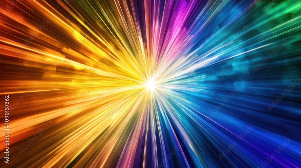 Poster a vibrant burst of colors radiating from a central point, representing the dynamic energy and expans