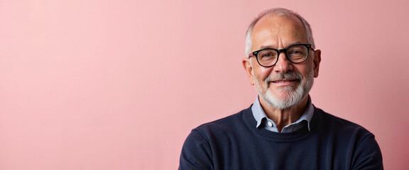 Obraz premium Cheerful senior man smiling on pink background, confidence