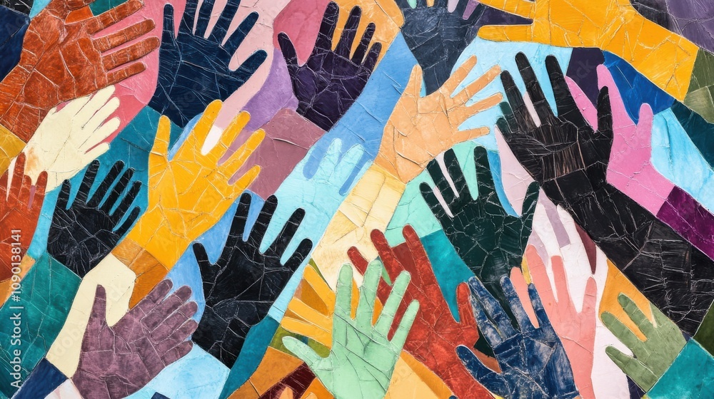 Aufkleber a vibrant mosaic of different hands reaching out in solidarity, representing the unity and collectiv