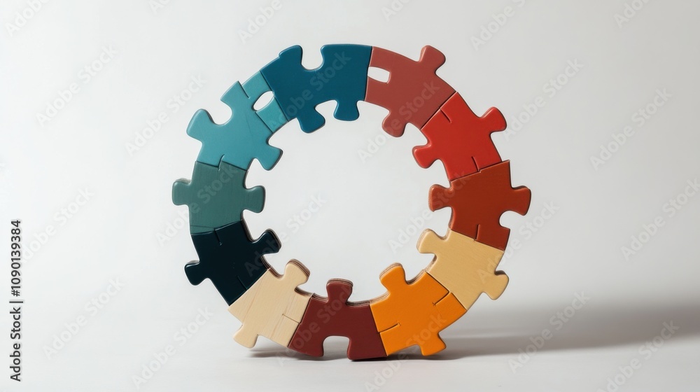 Poster A wheel made of diverse puzzle pieces, Representing the interconnectedness and functionality of diverse contributions, minimalist composition