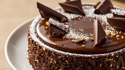 Obraz premium Rich chocolate cake topped with chocolate shavings and powdered sugar, perfect for dessert lovers.