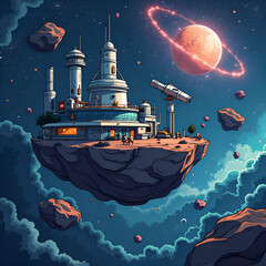 Obraz premium A floating research station amidst asteroids and cosmic wonders in a vibrant galactic scene, digital art of science fiction concept.