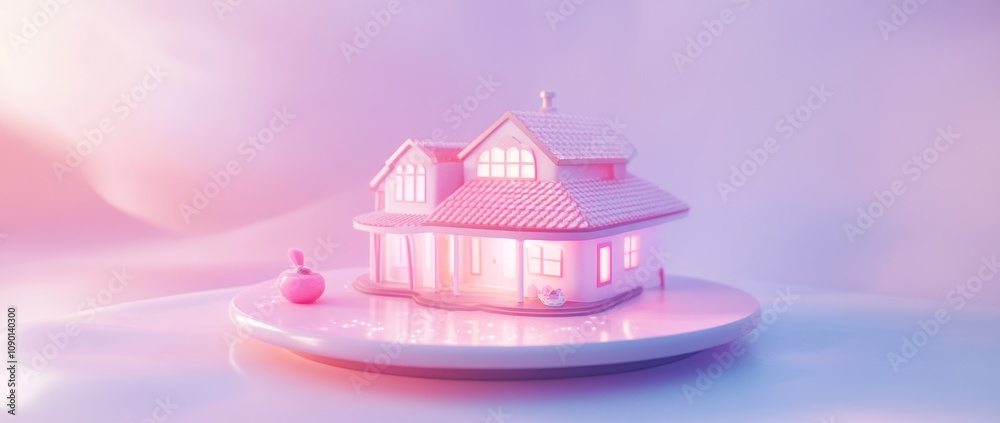 Poster a stylized miniature house on a reflective surface with soft lighting.