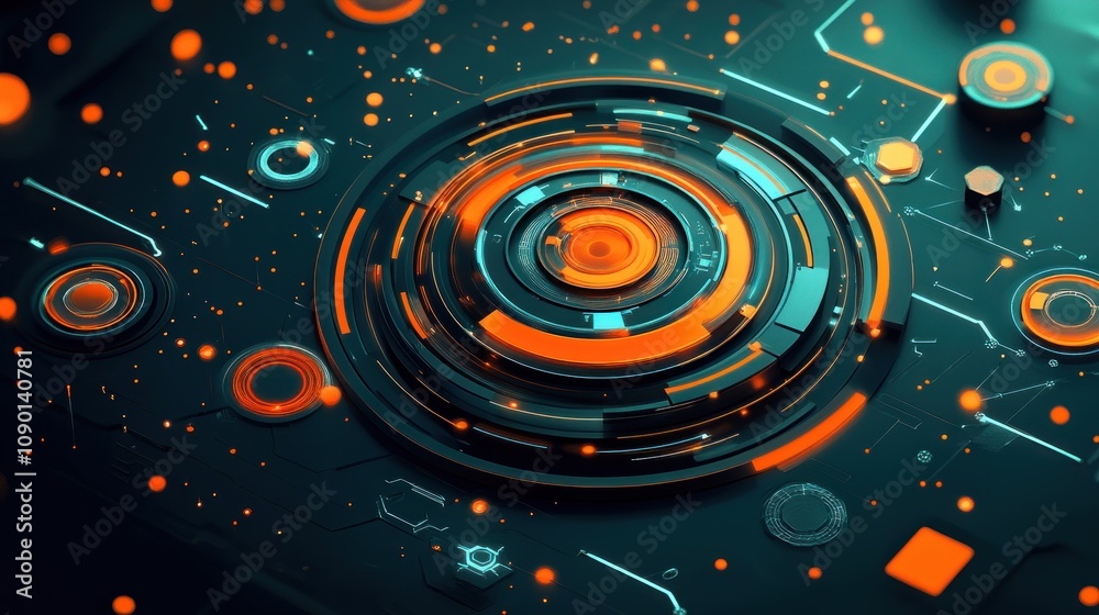 Poster A futuristic digital interface with concentric circles and glowing elements in vibrant colors.