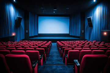 Fototapeta premium A modern cinema hall with rows of red seats and a large blank screen illuminated by soft blue lighting creating a cinematic atmosphere 