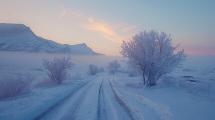 Snow-covered road winding through a serene winter landscape.