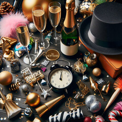 A festive New Year's Eve scene with sparkling wine, party hats, decorations, and an alarm clock. Generative AI.