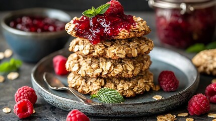 Fototapeta premium Stacked Raspberry Oatmeal Cookies with Homemade Jam on Rustic Wooden Background
