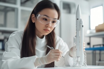 Female aerospace engineer designing a rocket model, lab setting, futuristic tools, 