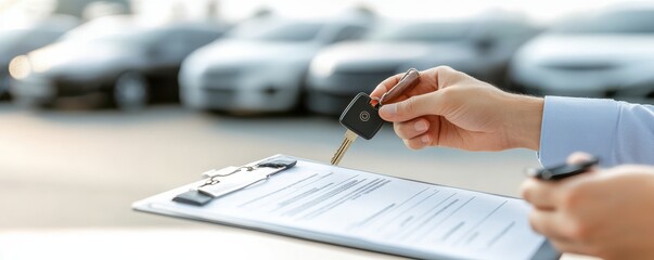 Naklejka premium A person holding a key and clipboard for vehicle purchase.
