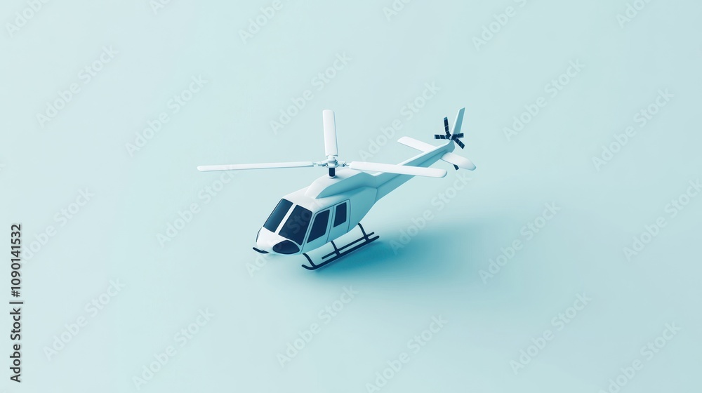 Poster a minimalist 3d rendering of a white helicopter on a light blue background.
