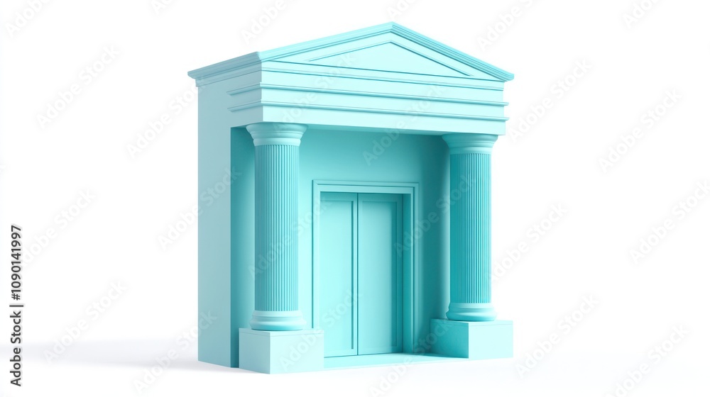 Poster A stylized turquoise building with columns and a pediment, resembling a classical structure.