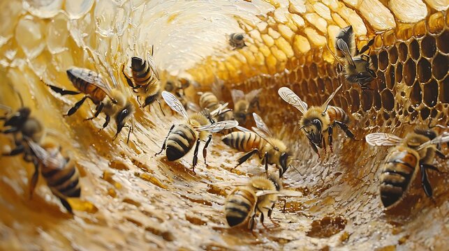 Swarming Honeybees Inside a Golden Honeycomb in a Lush Garden
