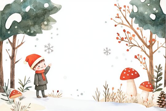 A cheerful child in a red hat admires falling snowflakes amidst snowy trees and colorful mushrooms in a winter landscape.