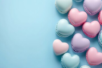 Obraz premium Delight in a vibrant close-up of heart-shaped macarons, perfectly arranged on a blue surface, ideal for celebrating love on Valentine's Day.