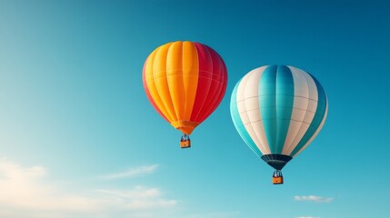 Obraz premium Hot Air Balloons Adventure: Two vibrant hot air balloons drift against a clear blue sky, symbolizing freedom, adventure, and a journey to new heights.